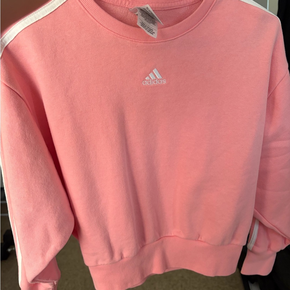 adidas Pink Crew Sweatshirt with White Stripe Accents - Picture 2 of 3